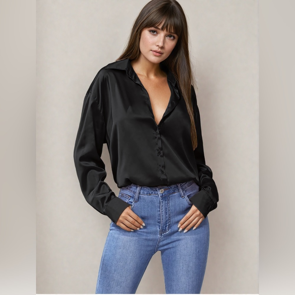 LAST ONE 🔥 Black Satin Button Up Blouse